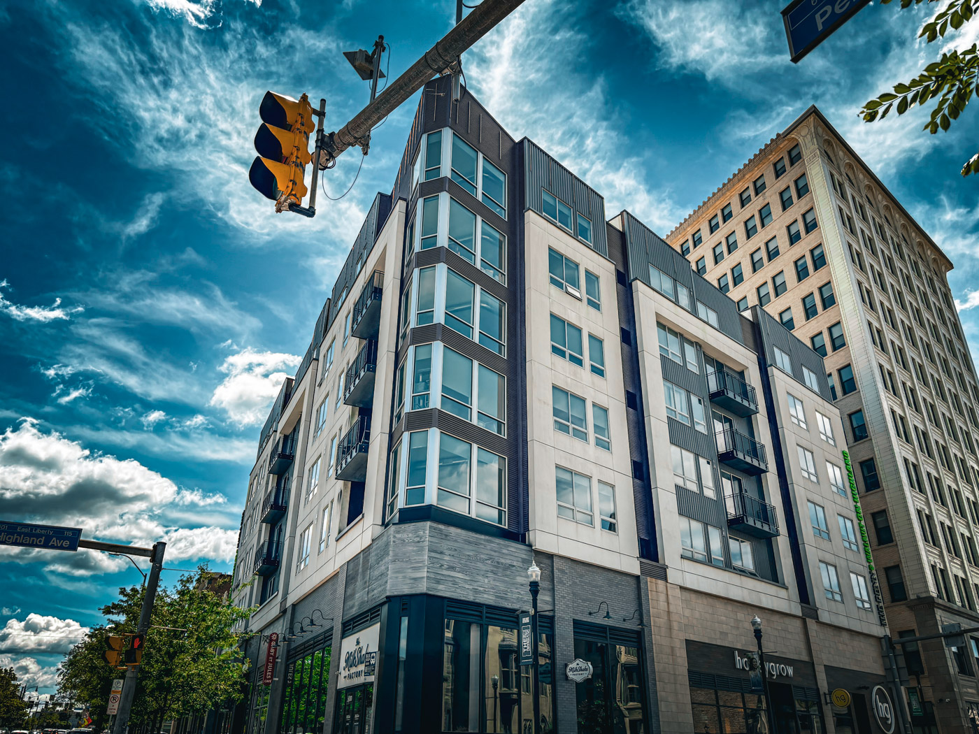 Urban view of Pittsburgh's East Liberty showing a modern apartment building.