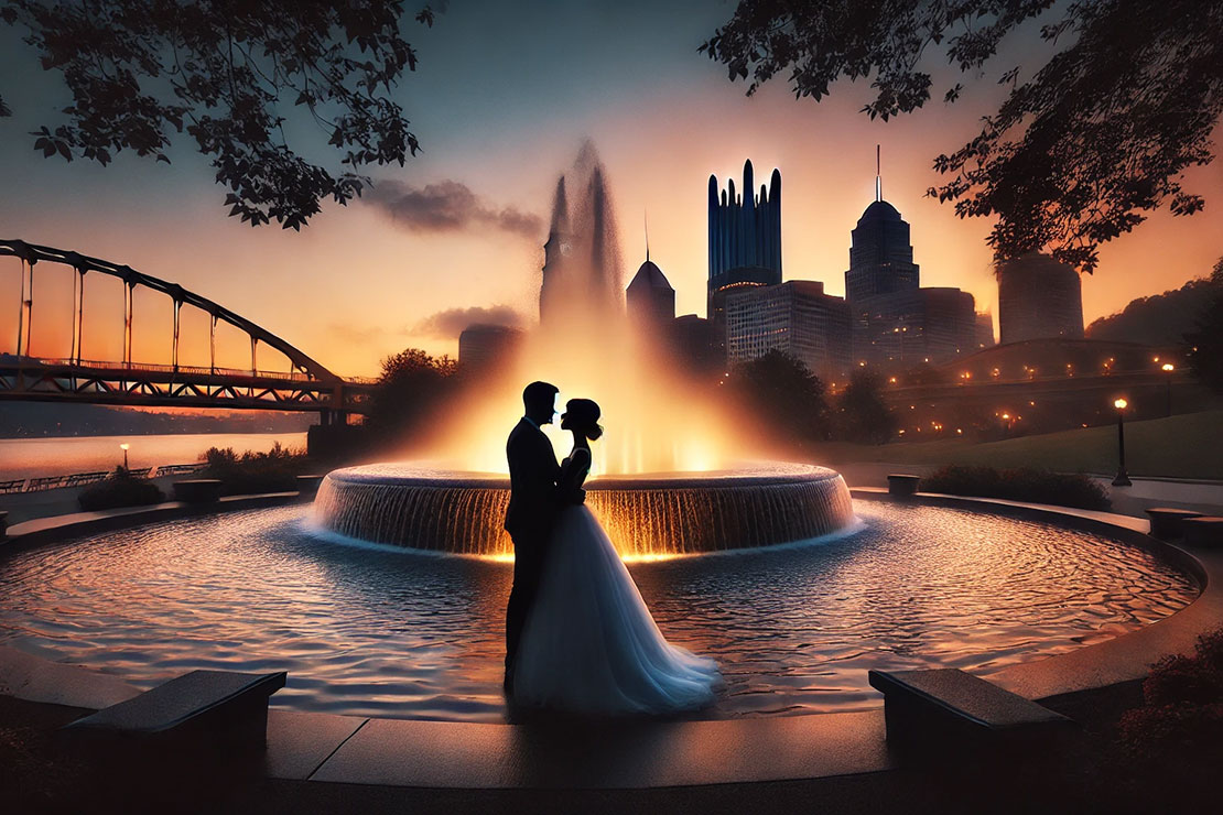 Bride and Groom embracing. Romantic wedding gems of Pittsburgh image. 