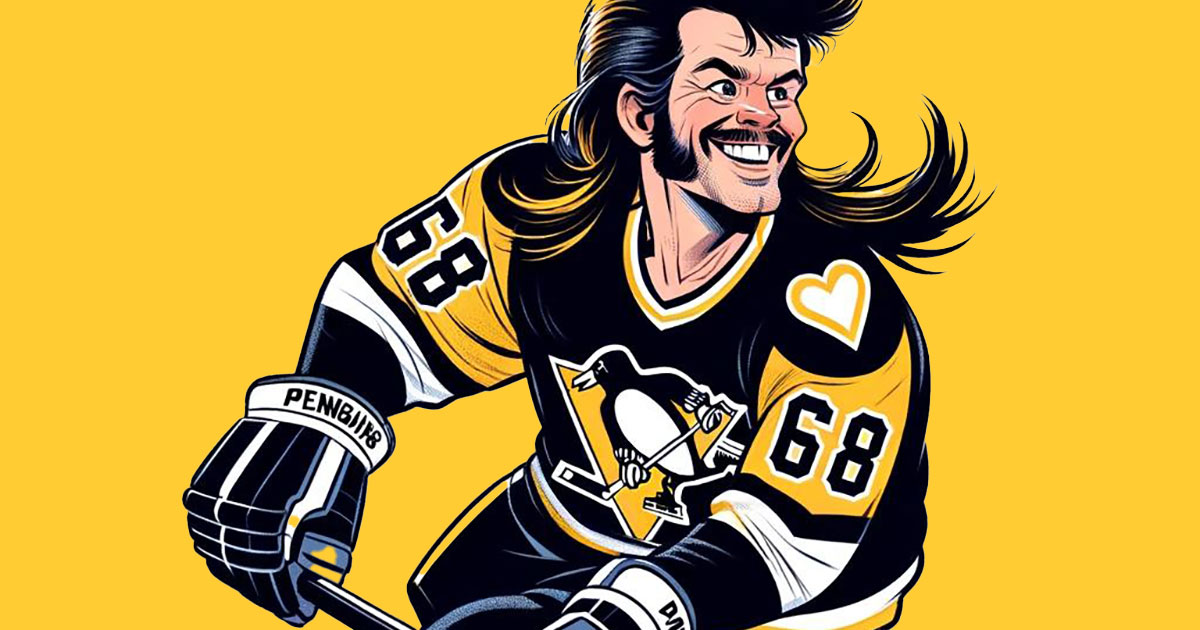 Cartoon sketch of Jaromir Jagr with 80s mullet. 